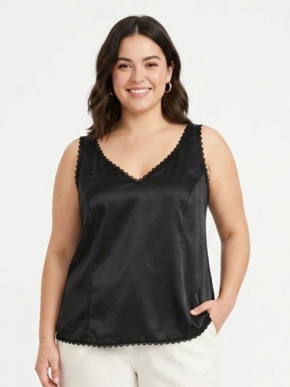 Vintage Adonna Tank Camisole Black Y2K Whimsigoth Satin Lace Trim 44 (2X)